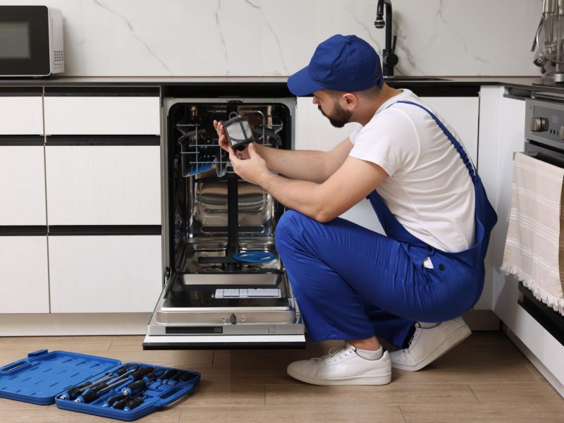 Repairman holding drain filter near dishwasher in kitchen